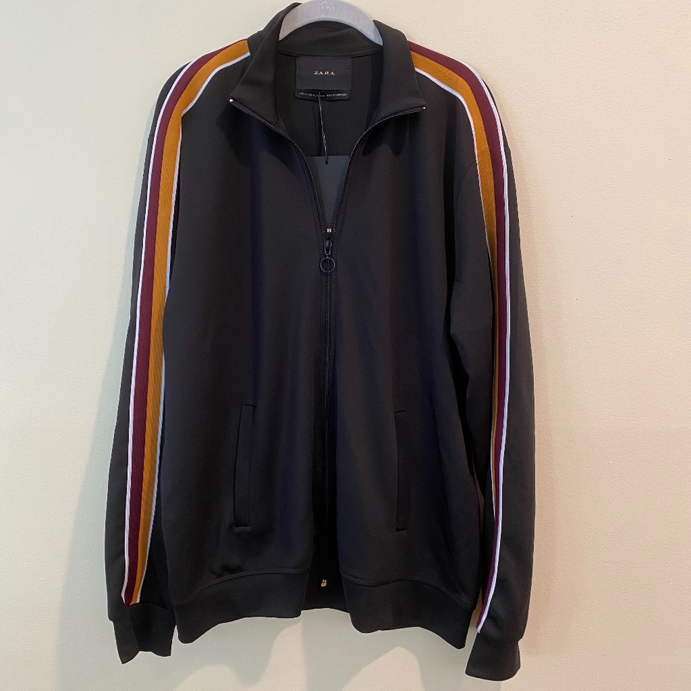 Zara Men's Striped Sleeve Black Zip Up Sweatshirt